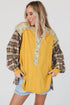 Floral Plaid Mixed Print Bishop Sleeve Patchwork Top